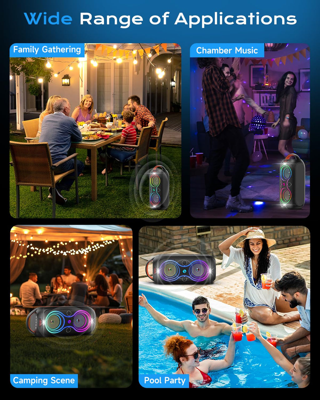 Party Bluetooth Speaker with Dual 4" Woofers, 60W Peak Power, 12H Playtime, Dynamic LED Lights, TWS, FM, AUX, USB, Mic Input, Portable Rechargeable Speaker for Indoor & Outdoor Events -Updated Version L4460