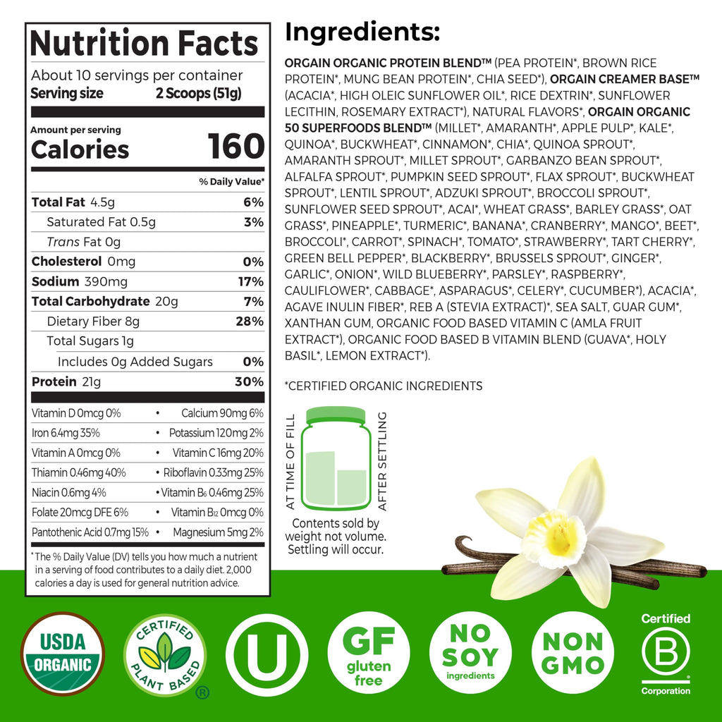 Organic Vegan 21g Protein Superfoods Powder Vanilla Bean 1.12lb L736