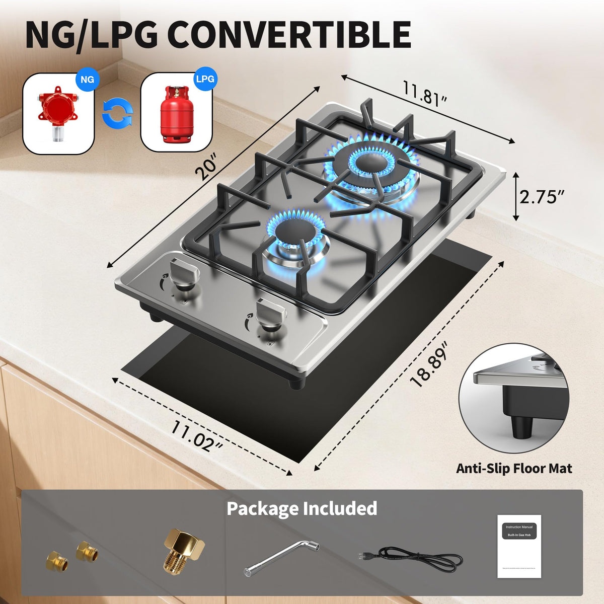 2 Burner Propane Gas Cooktop Stainless Steel R478428