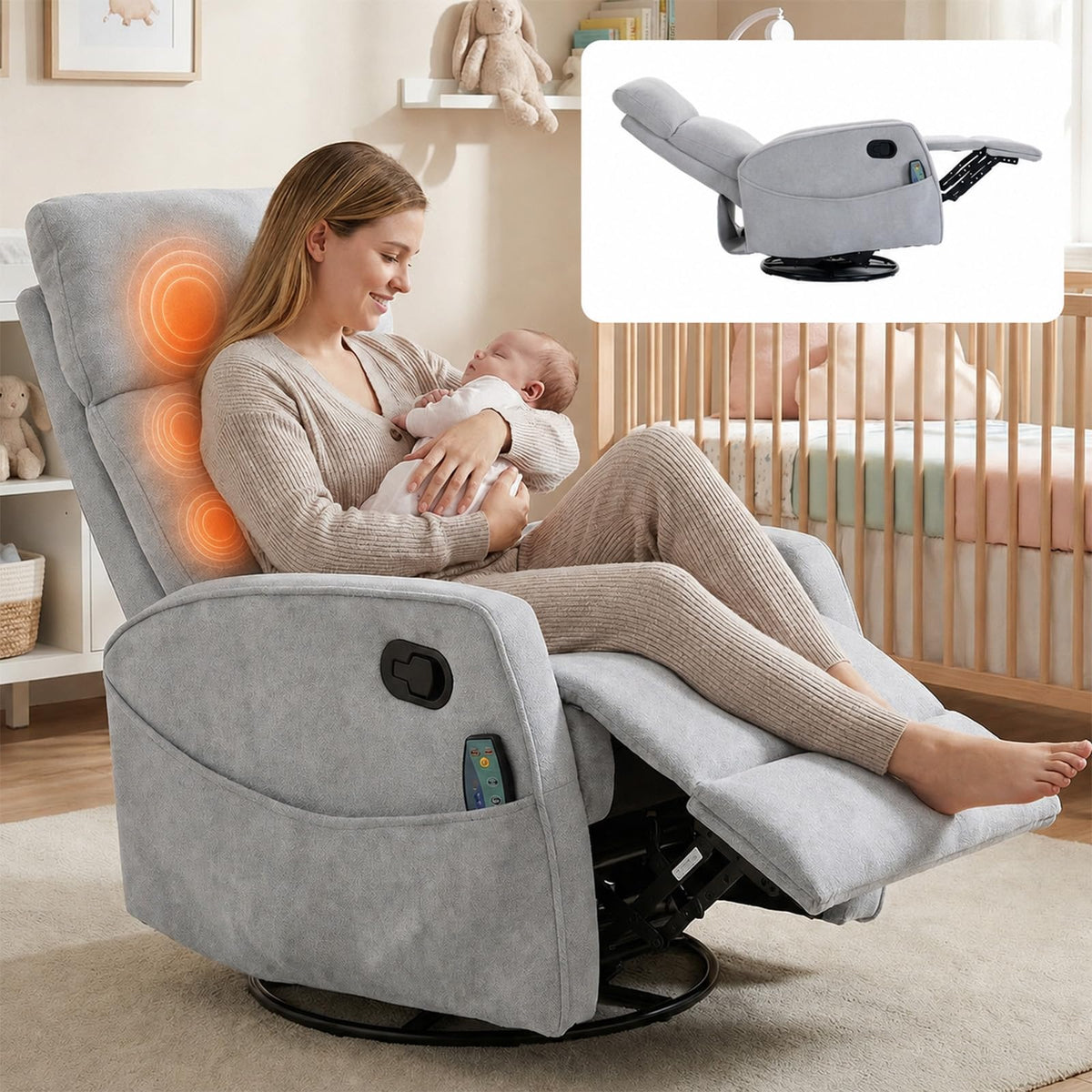 Small White Velvet Recliner Rocking Chair with Heat and Massage P89787