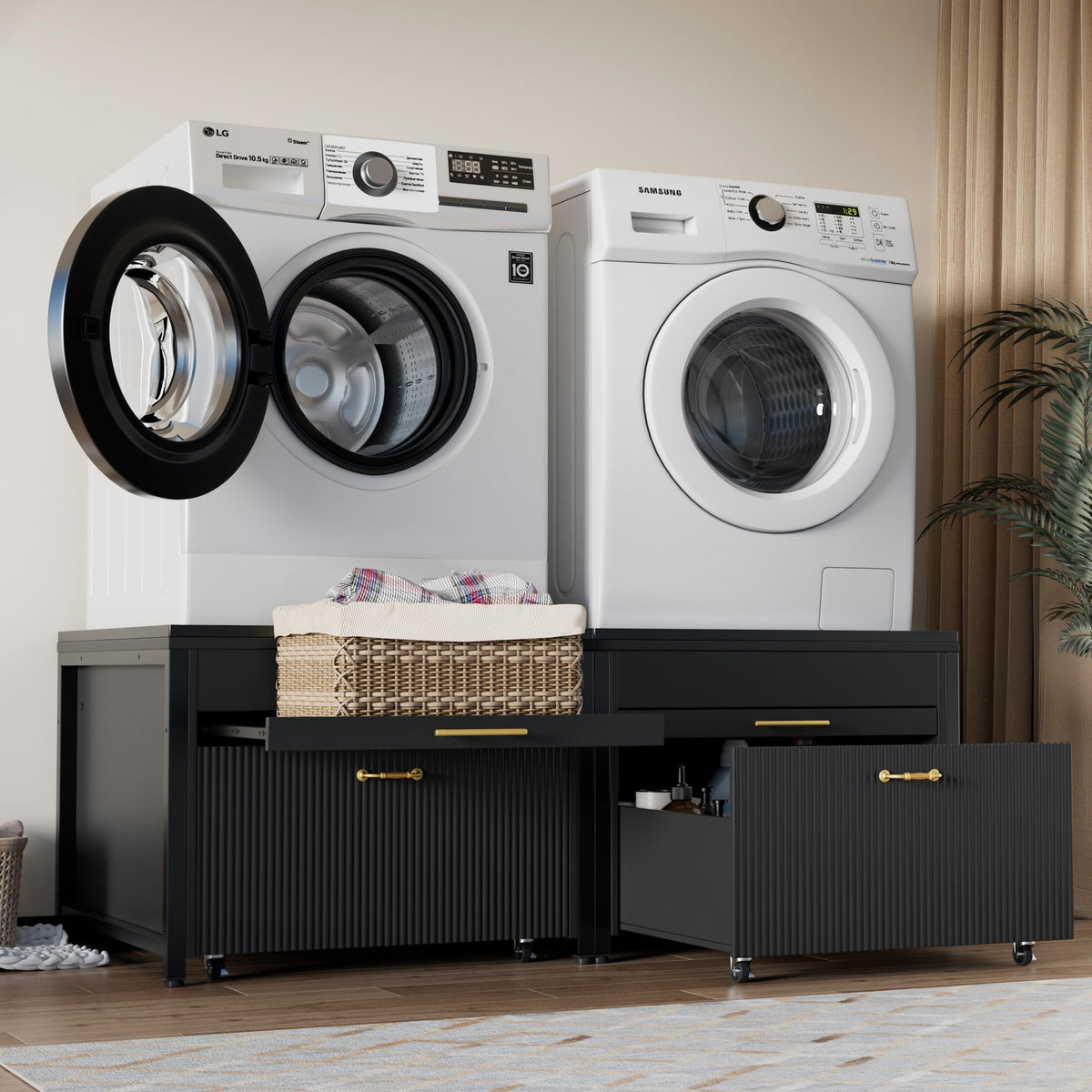Black 2 Pack Washer Dryer Pedestals with Drawer O590
