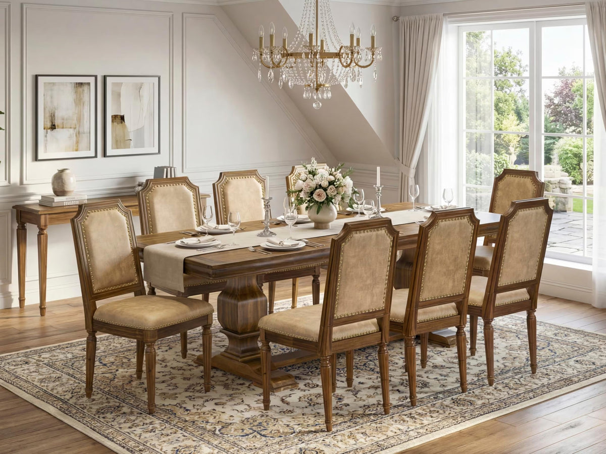 9 Piece Dining Table and 8 Beige Polyester Fabric Chairs O722803