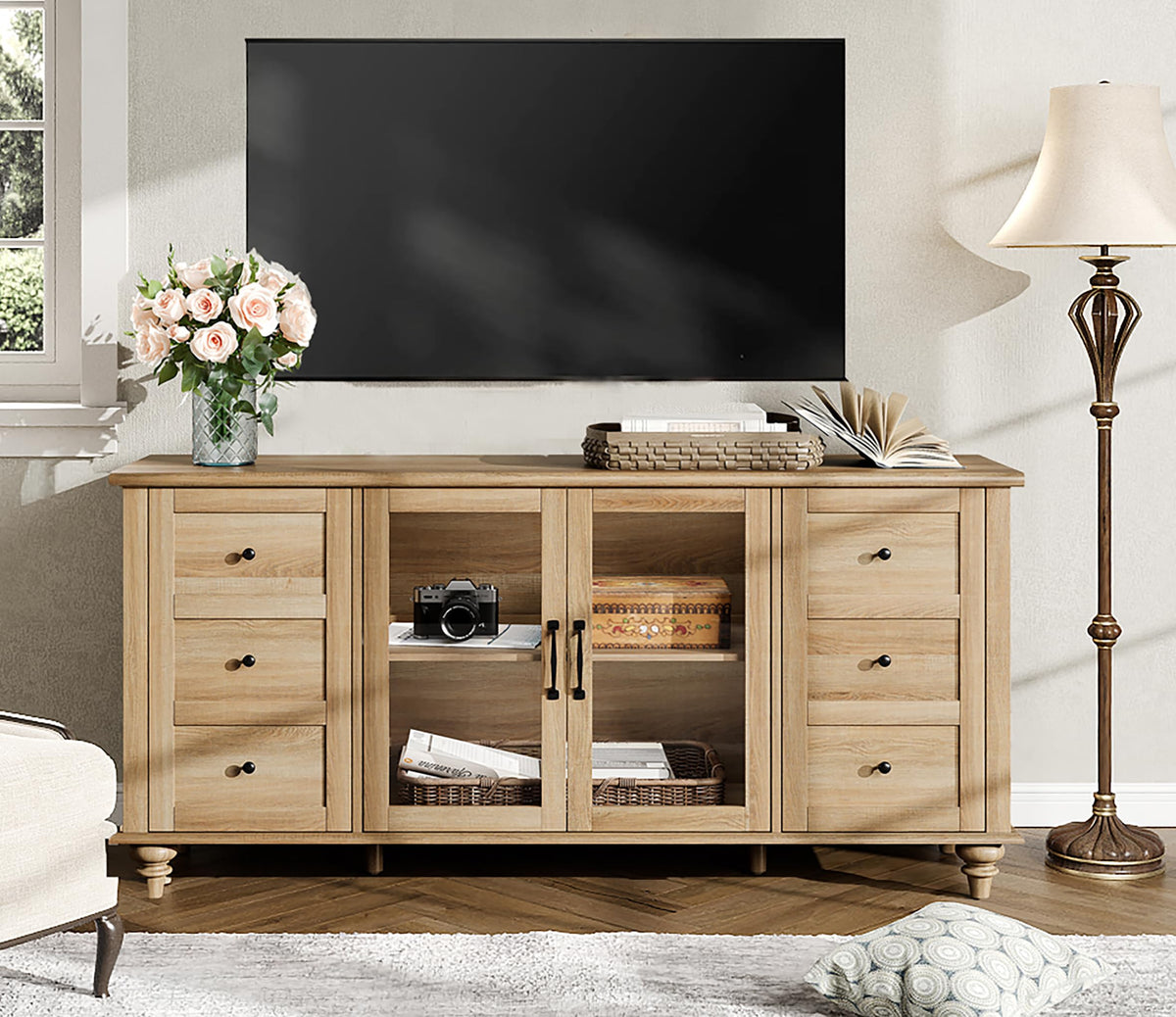 Wood TV Stand for 65 Inch TV with Glass Door J186822