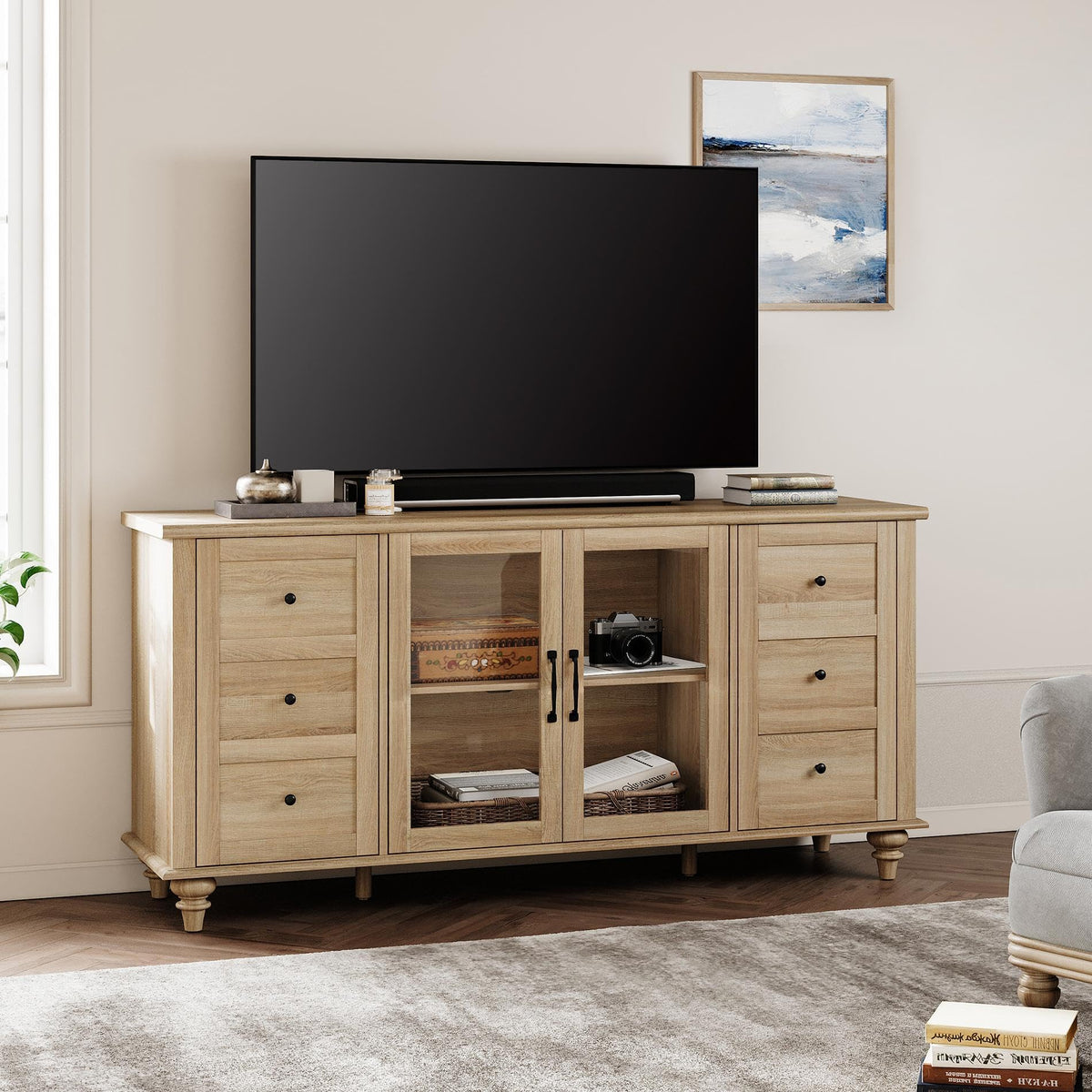 Wood TV Stand for 65 Inch TV with Glass Door J186822