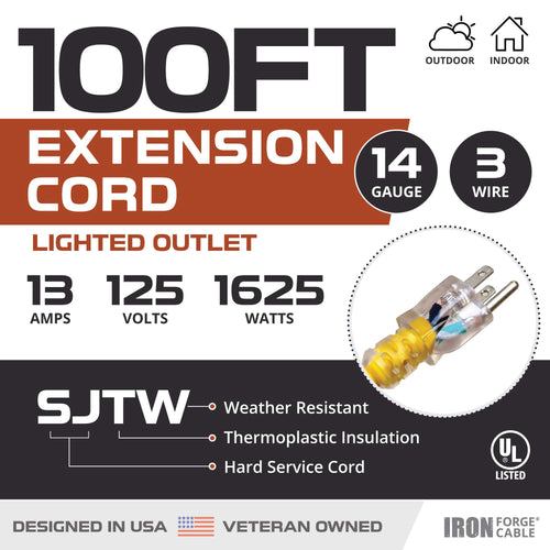 14 Gauge Heavy Duty Extension Cord, 100 Ft Yellow SJTW F7034