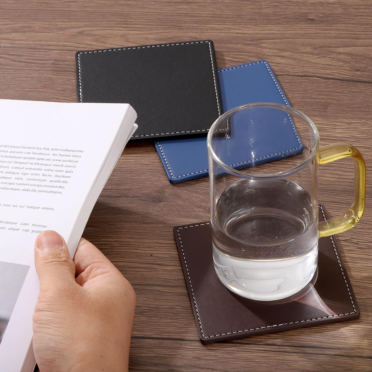 White Stitched Dual Sided Leather Coasters Set of 4 B15255