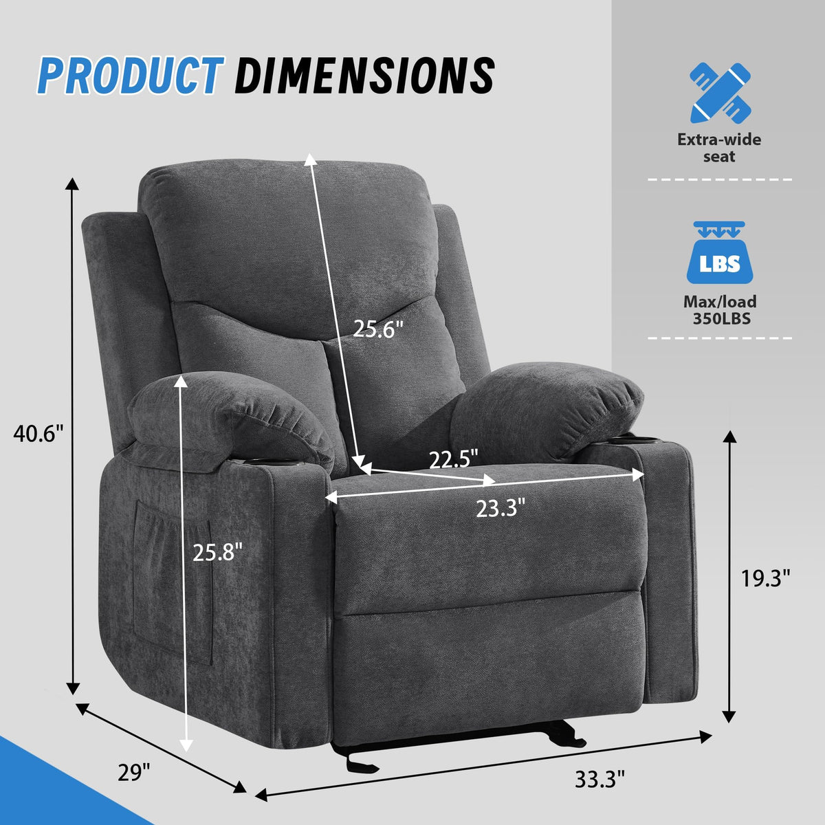 Manual Rocker Recliner Chair with Massage, Dark Grey V170378