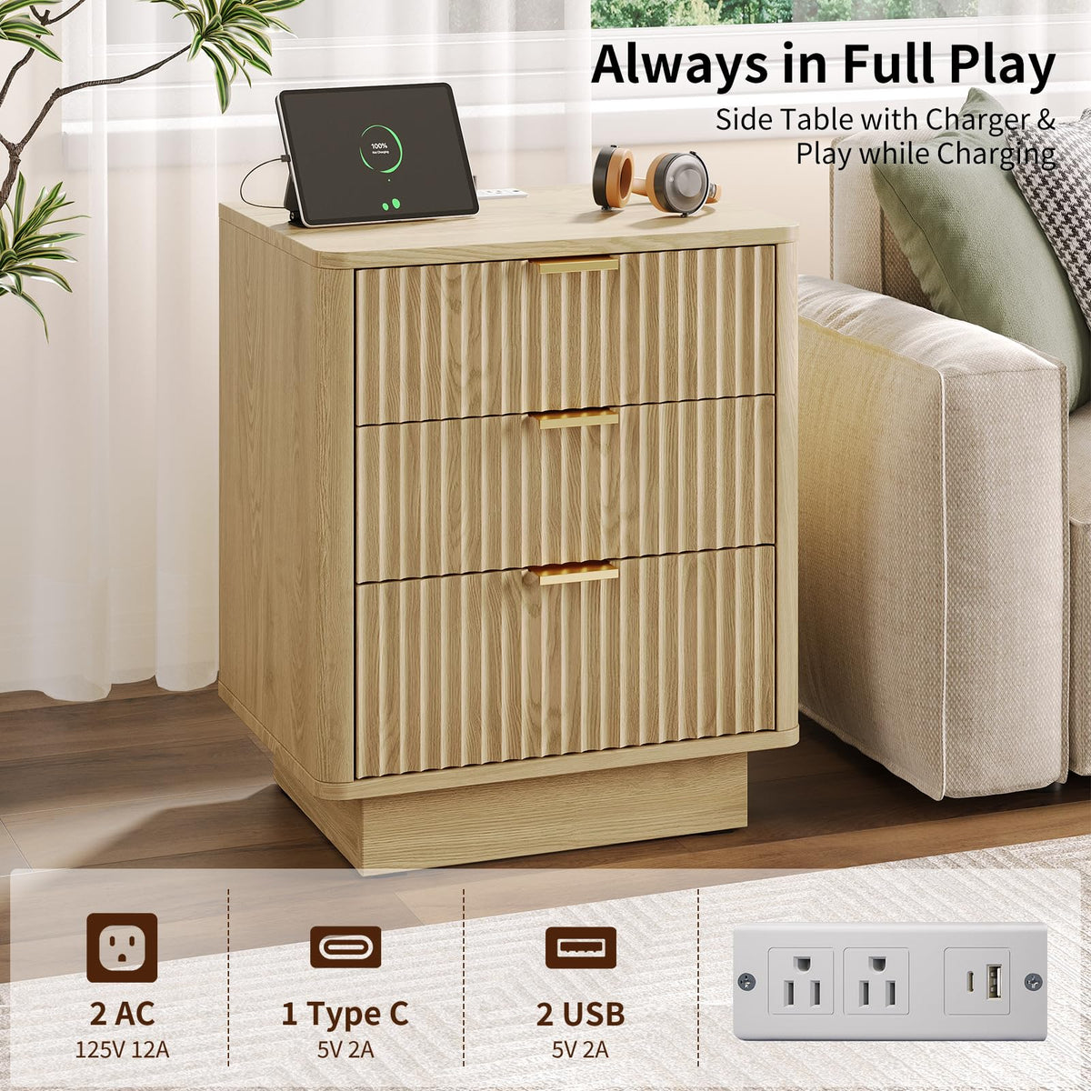 Natural 3 Drawer Nightstand with Charging Station A821