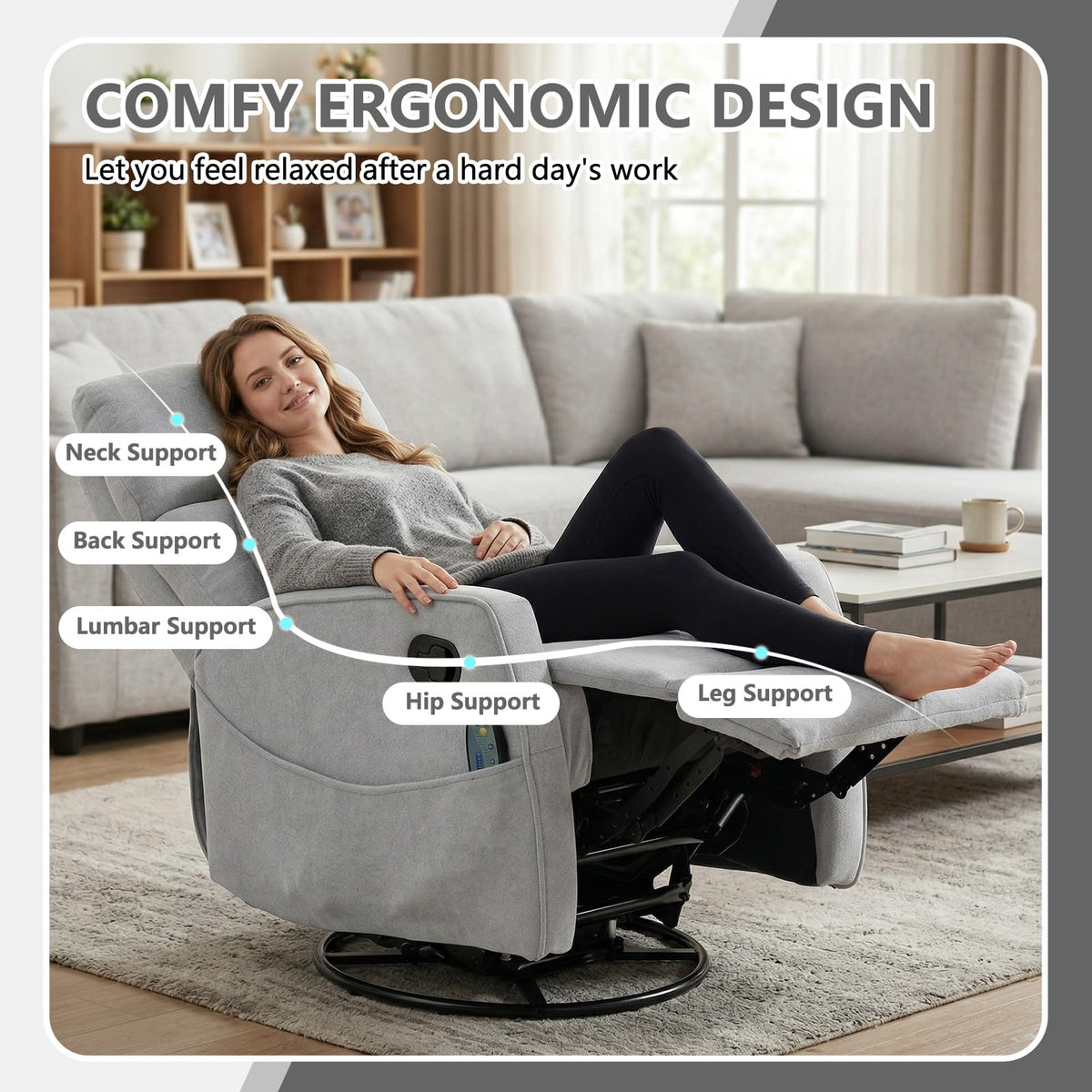 Small White Velvet Recliner Rocking Chair with Heat and Massage P89787