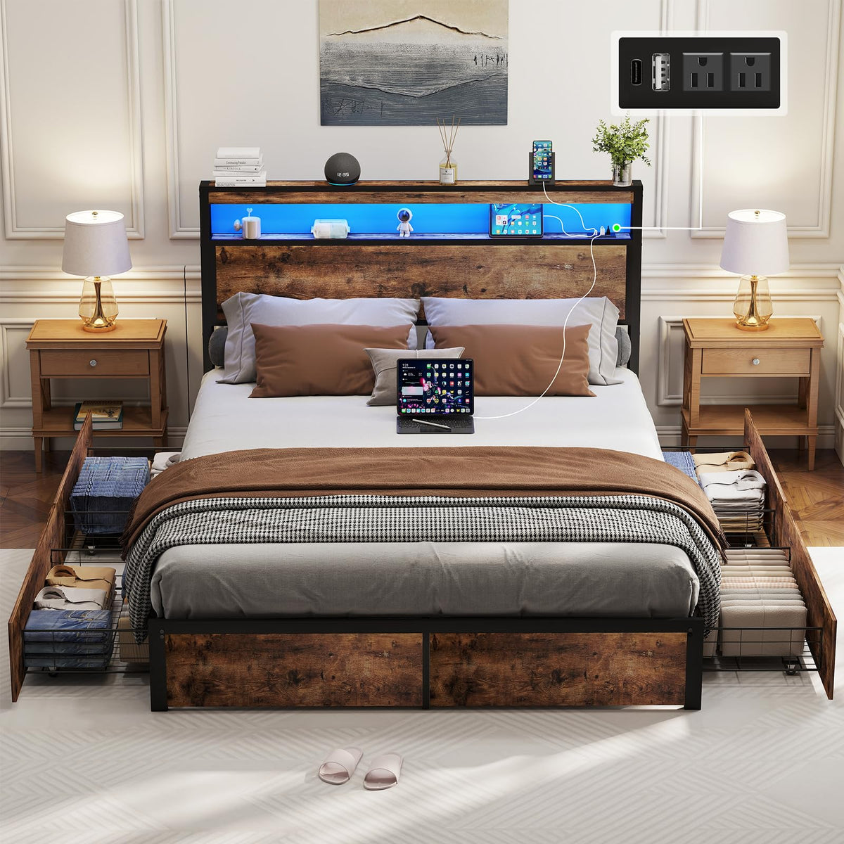 Queen Size Bed Frame with 4 Storage Drawers A267890