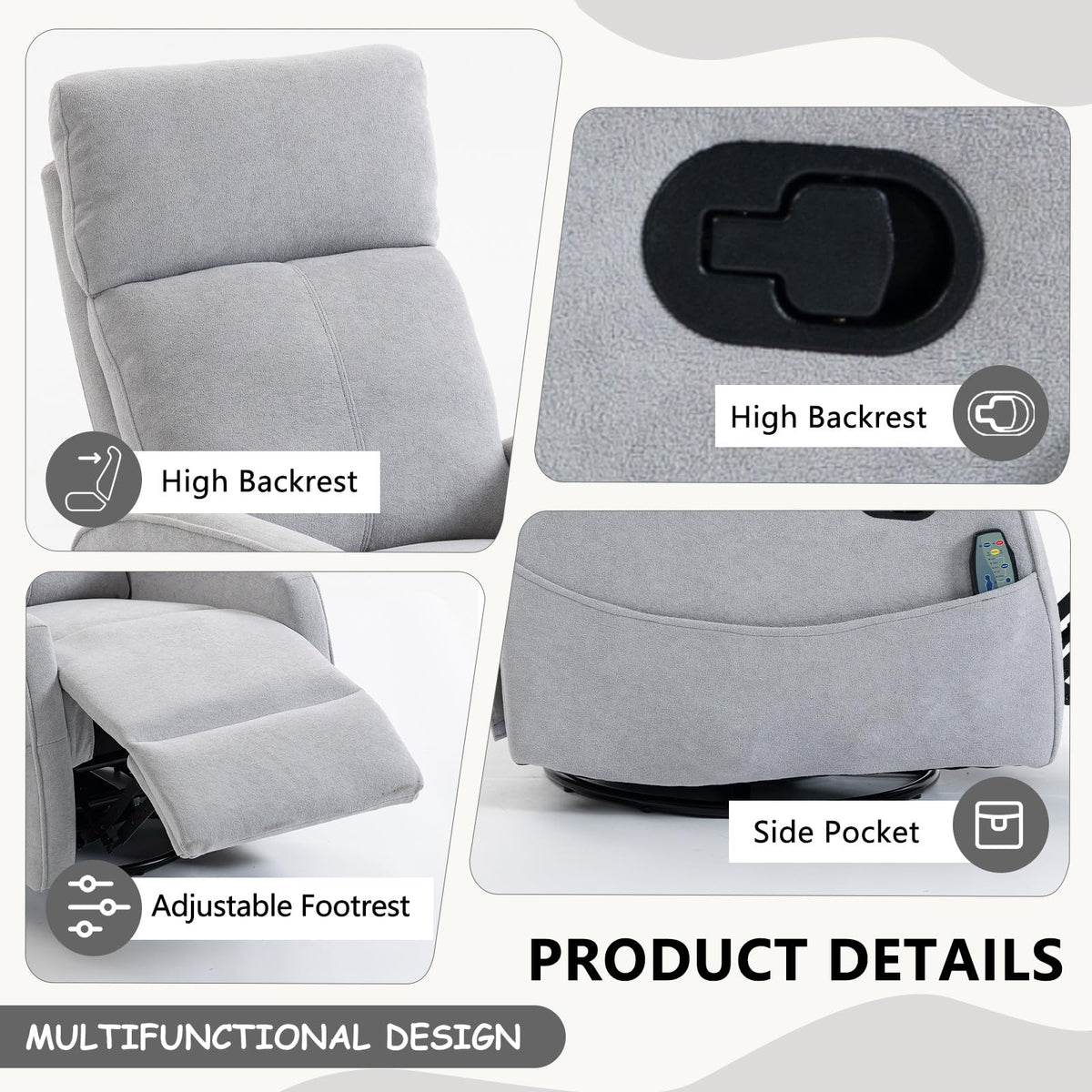 Small White Velvet Recliner Rocking Chair with Heat and Massage P89787