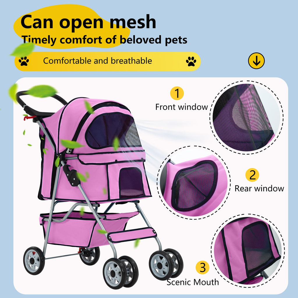 4-Wheel Foldable Pet Stroller Pink S9739