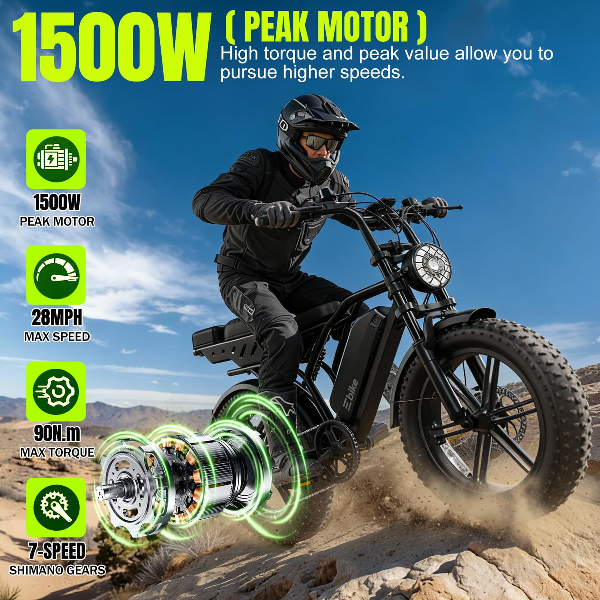 Electric Bike 48V 15Ah Battery 1500W Peak Motor 20 4.0 Fat Tire M98353