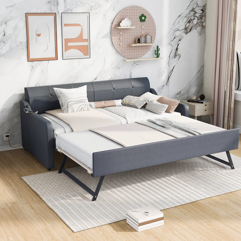 Twin Upholstered Linen Daybed with Pop Up Trundle H561
