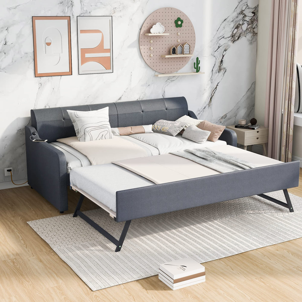 Twin Upholstered Linen Daybed with Pop Up Trundle H561