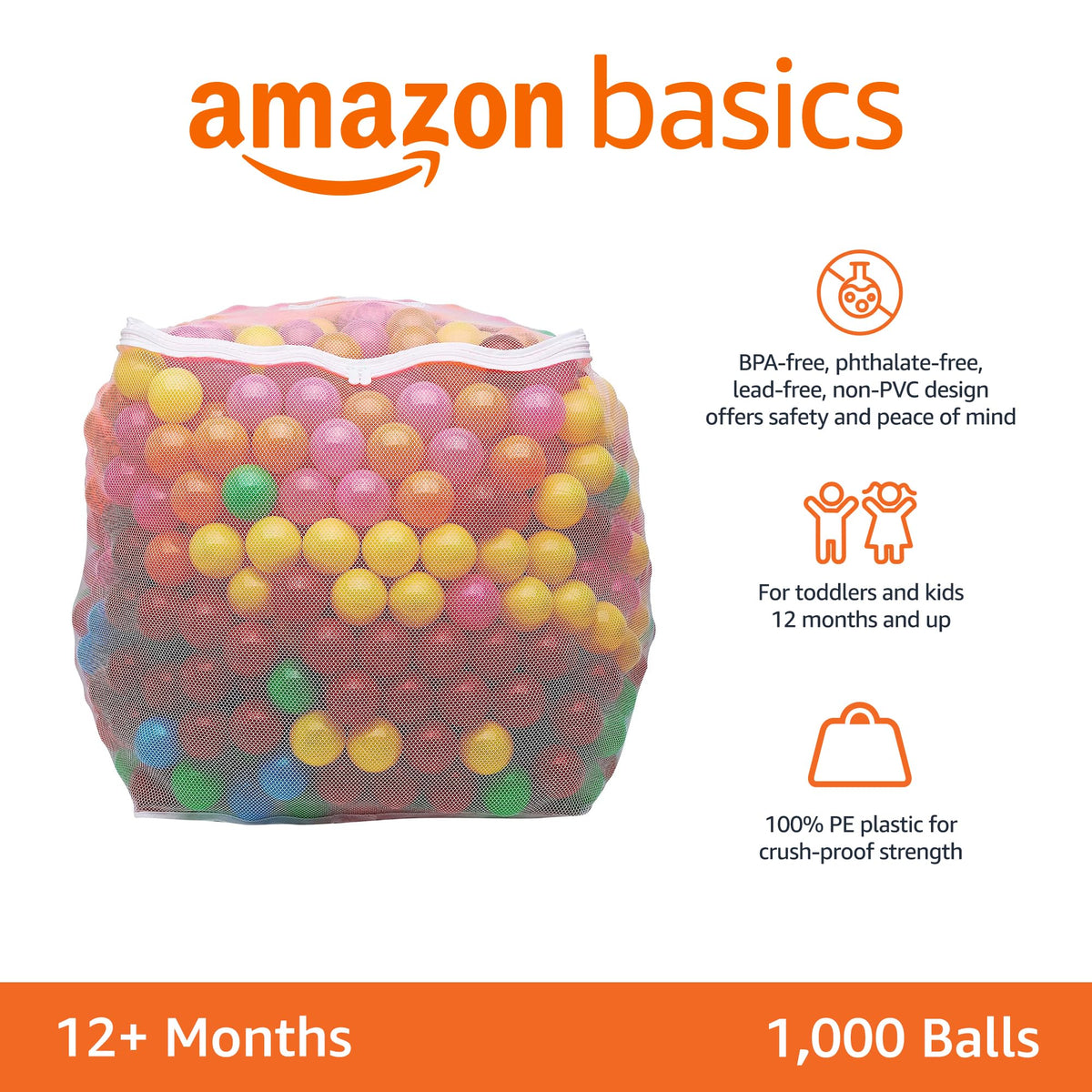 BPA Free Crush-Proof Plastic Ball Pit Balls with Storage Bag, 6 Bright Colors, Pack of 1000 D6477