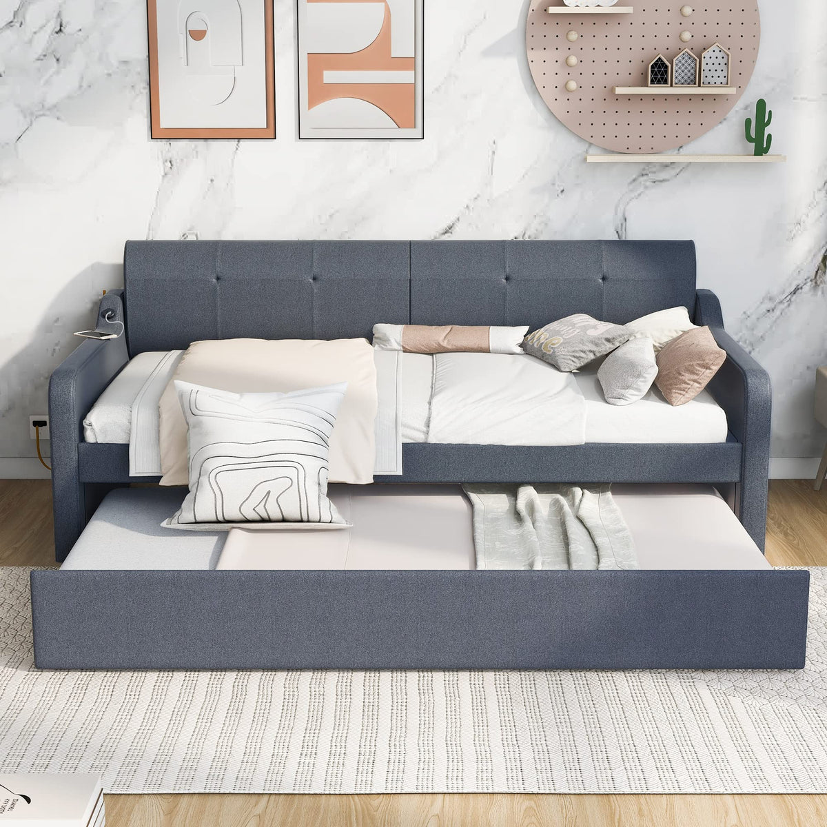 Twin Upholstered Linen Daybed with Pop Up Trundle H561