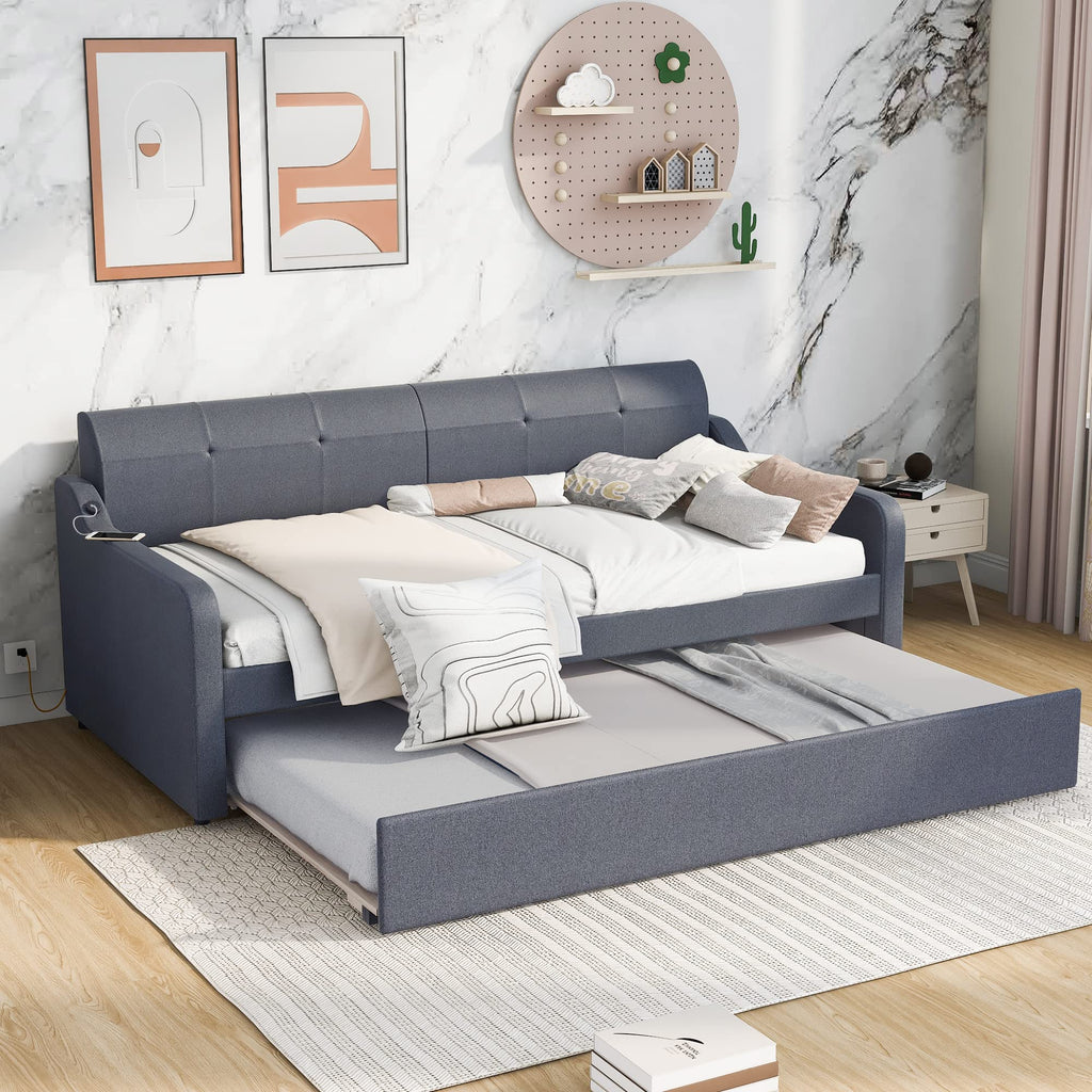 Twin Upholstered Linen Daybed with Pop Up Trundle H561